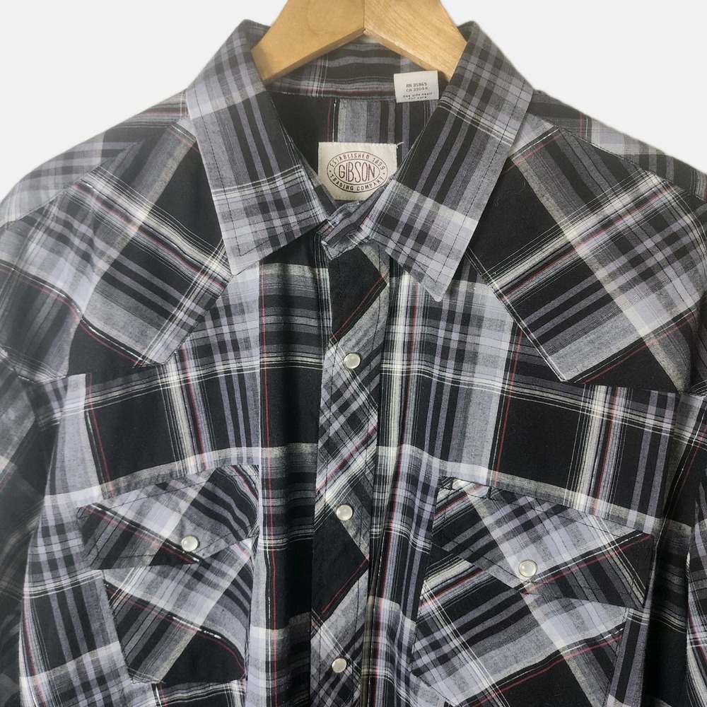 Gibson Western Shirt‎ Mens XL Gray Red Plaid Pearl Snap Metallic Cowboy Casual